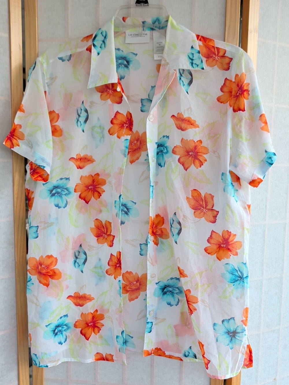 Claiborne Orange Button-Front Shirt with Orange & Turquoise Floral Print Cotton